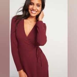 Old Navy rib knit fit & flare wrap dress, cranberry, long sleeved, size small